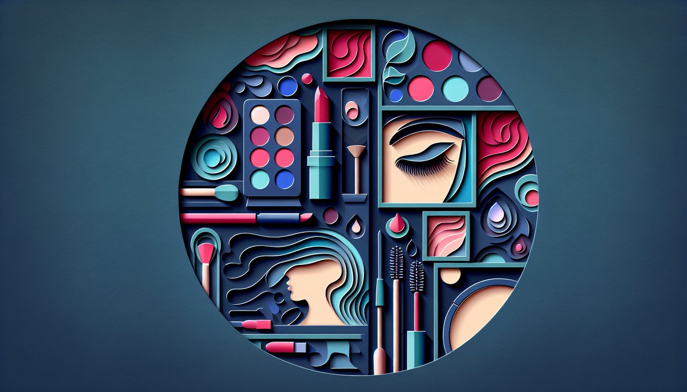 paper art illustration quiz makeup icons brushes palette face silhouette swatches on dark blue background