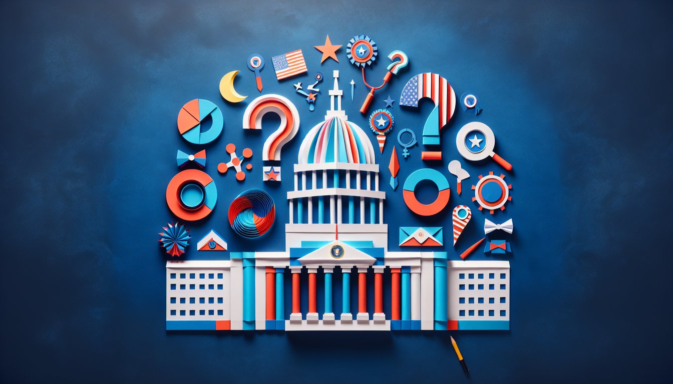 Paper art depicting a trivia quiz on congressional functions and political divisions for high school students.