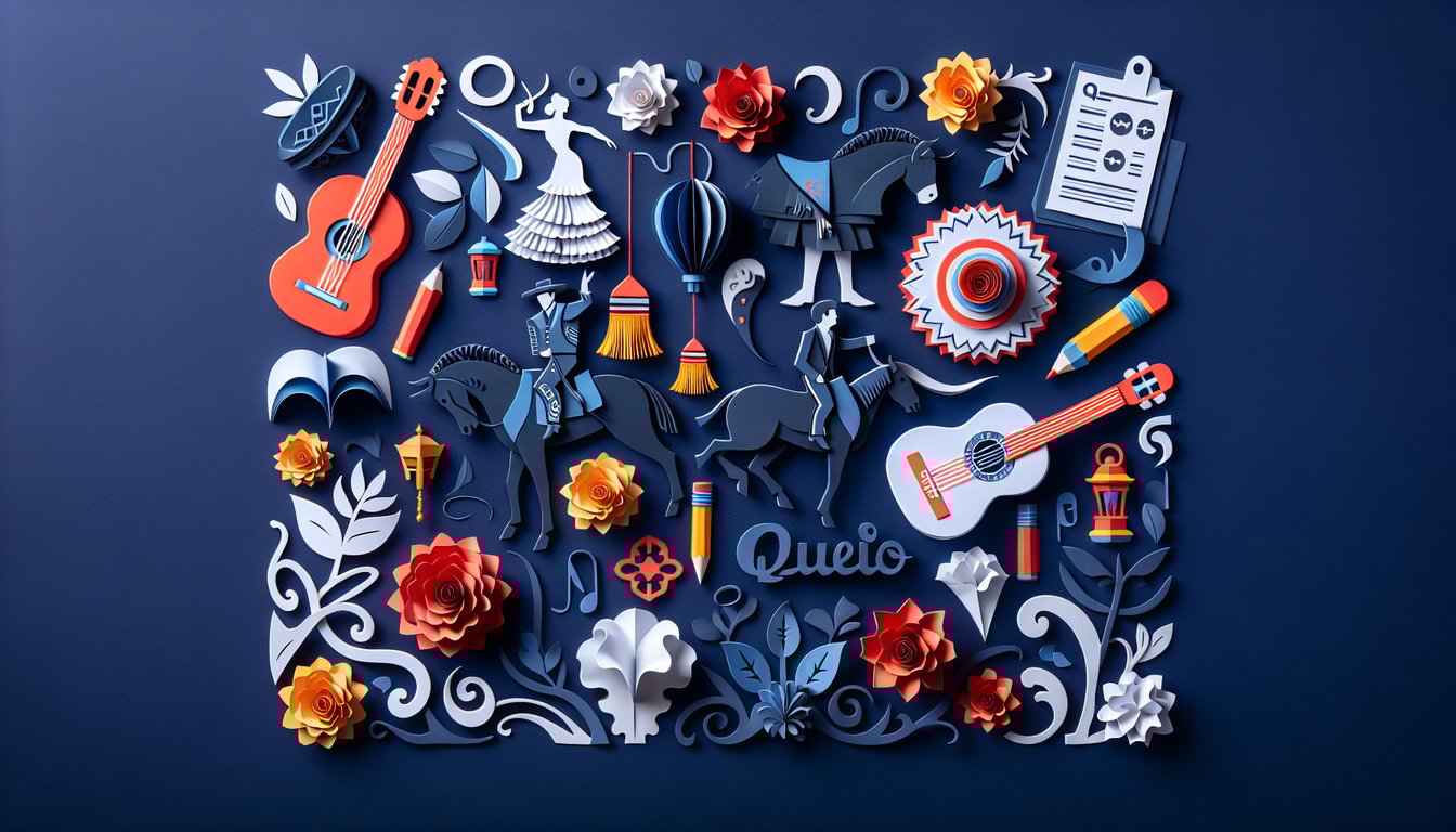 Colorful paper art depicting elements related to a Spanish Vocabulary Assessment Quiz.
