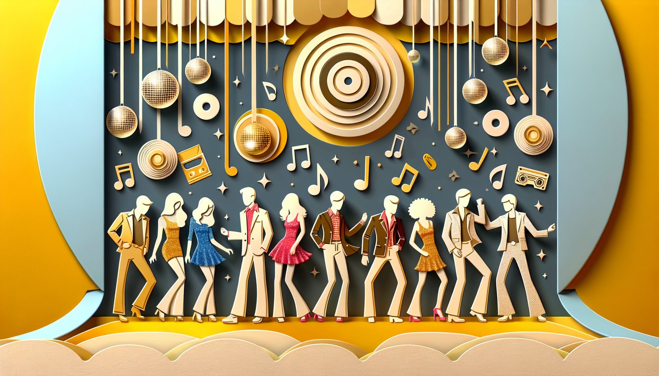 paper cut illustration showing disco outfits from retro chic to modern glam on golden yellow background for outfit quiz