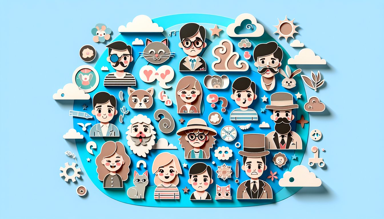 Paper art PuffPals characters on sky blue background playful personality quiz illustration.
