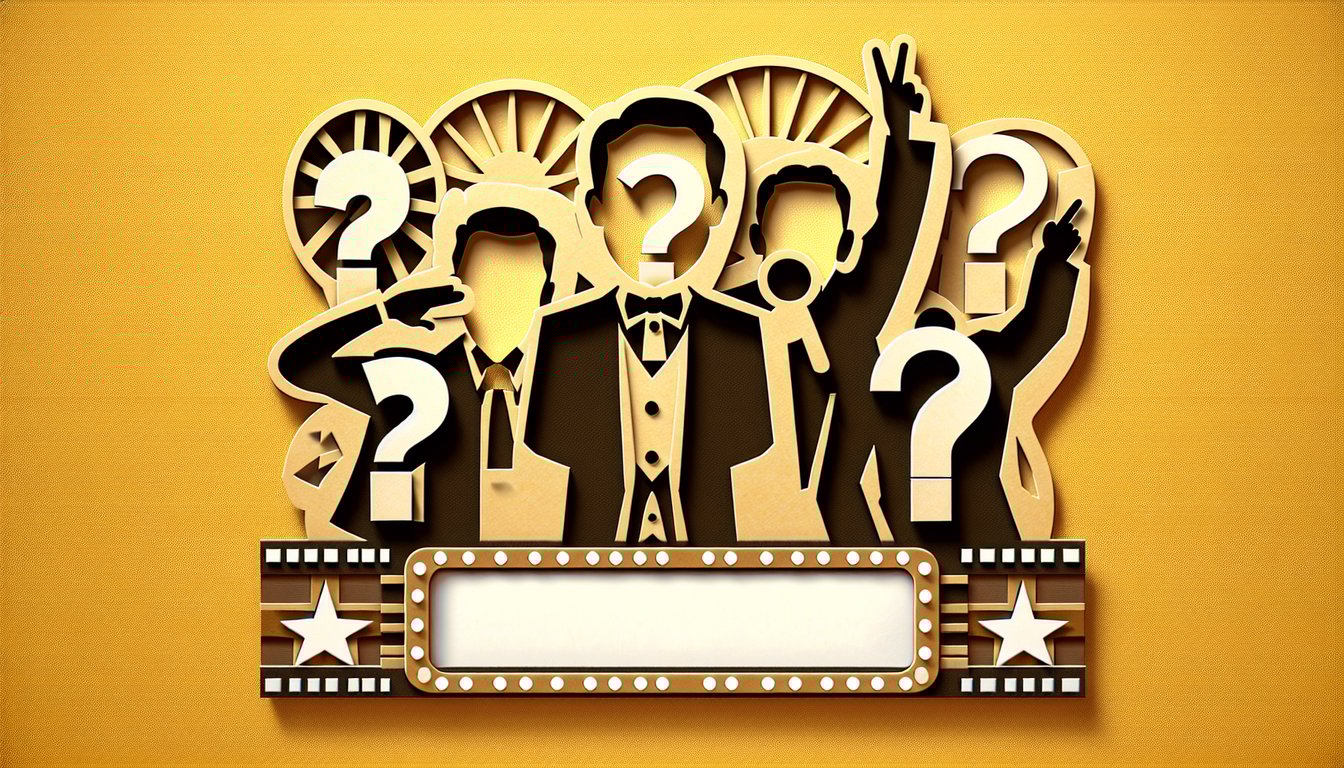 Paper art illustration for actor trivia quiz on a golden yellow background