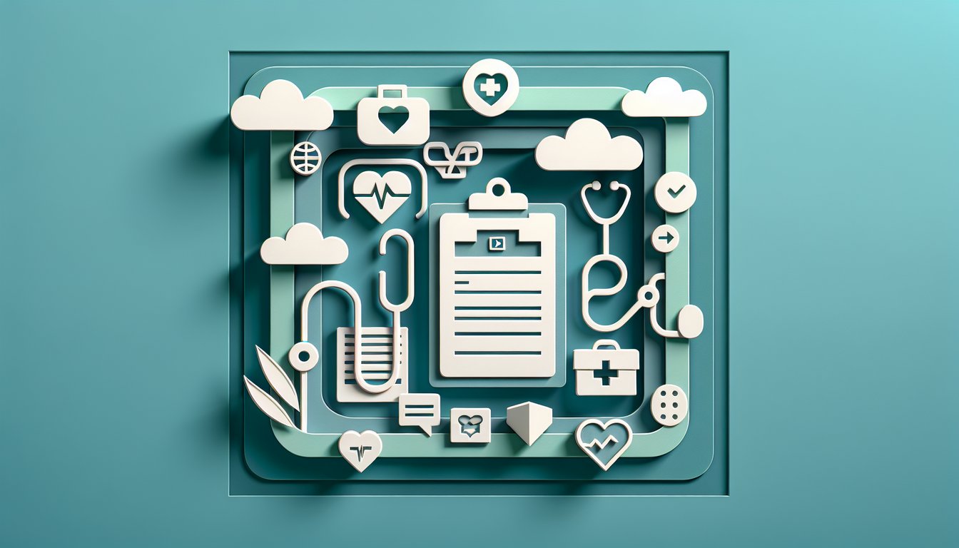 Paper art illustration for Epic Training Test Answers quiz assessing EHR documentation skills on teal background