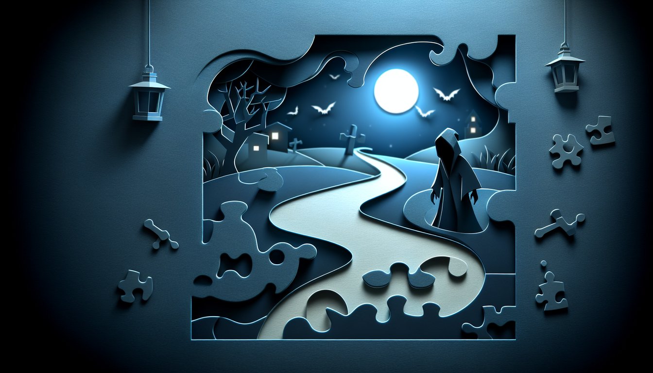 Paper art scene on dark blue background with shadowy figure, clock, puzzle pieces and key hinting escape night mystery quiz