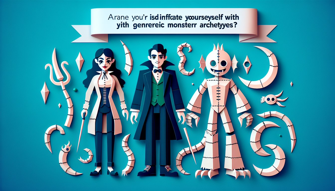 Paper art illustration with Dracula Mavis Frankenstein silhouettes on teal background inviting character quiz