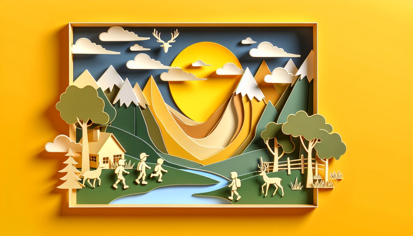 Paper art quiz scene on golden yellow background featuring Wimpy Kid book and trivia symbols hinting plot twists and characters