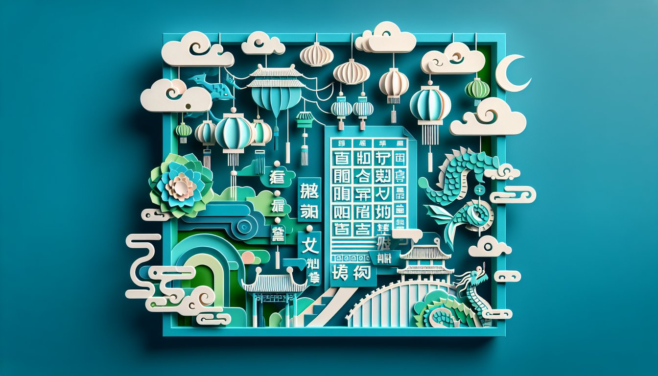 paper art style Chinese pinyin flashcards and playful paper characters on teal background inviting vocabulary quiz challenge