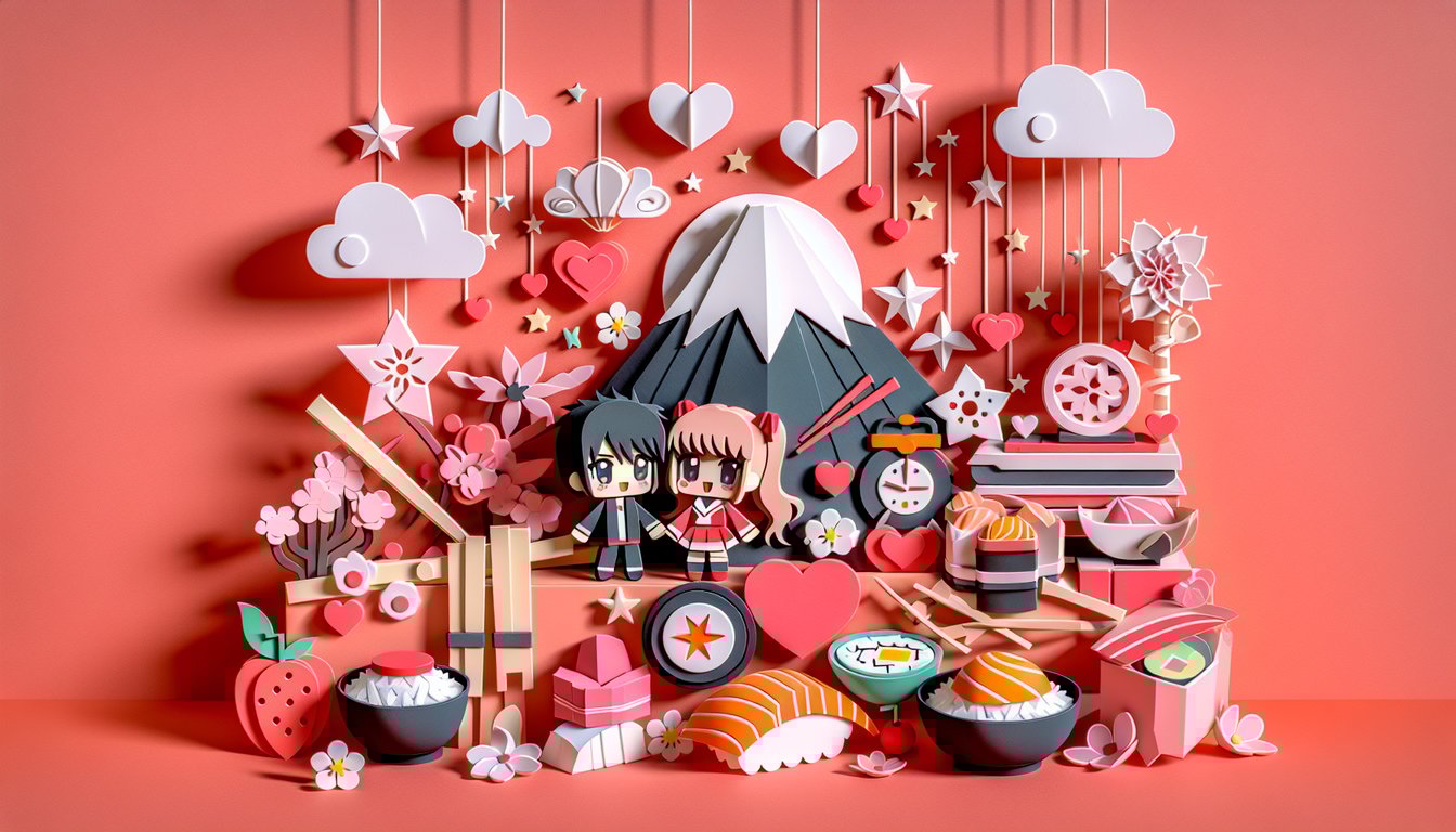 paper cut artwork of anime girl and scythe wielding man standing on coral background