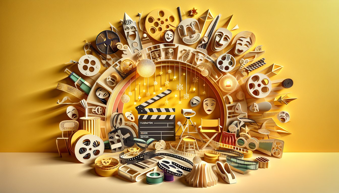 Paper art illustration for movie character personality quiz on a golden yellow background.