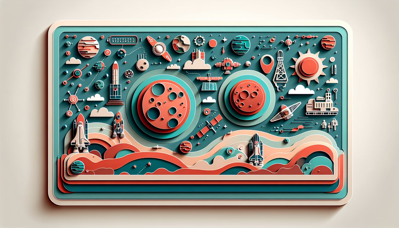 Paper art illustration for Mars quiz featuring stylized planet Mars rockets rovers and question marks on teal background.