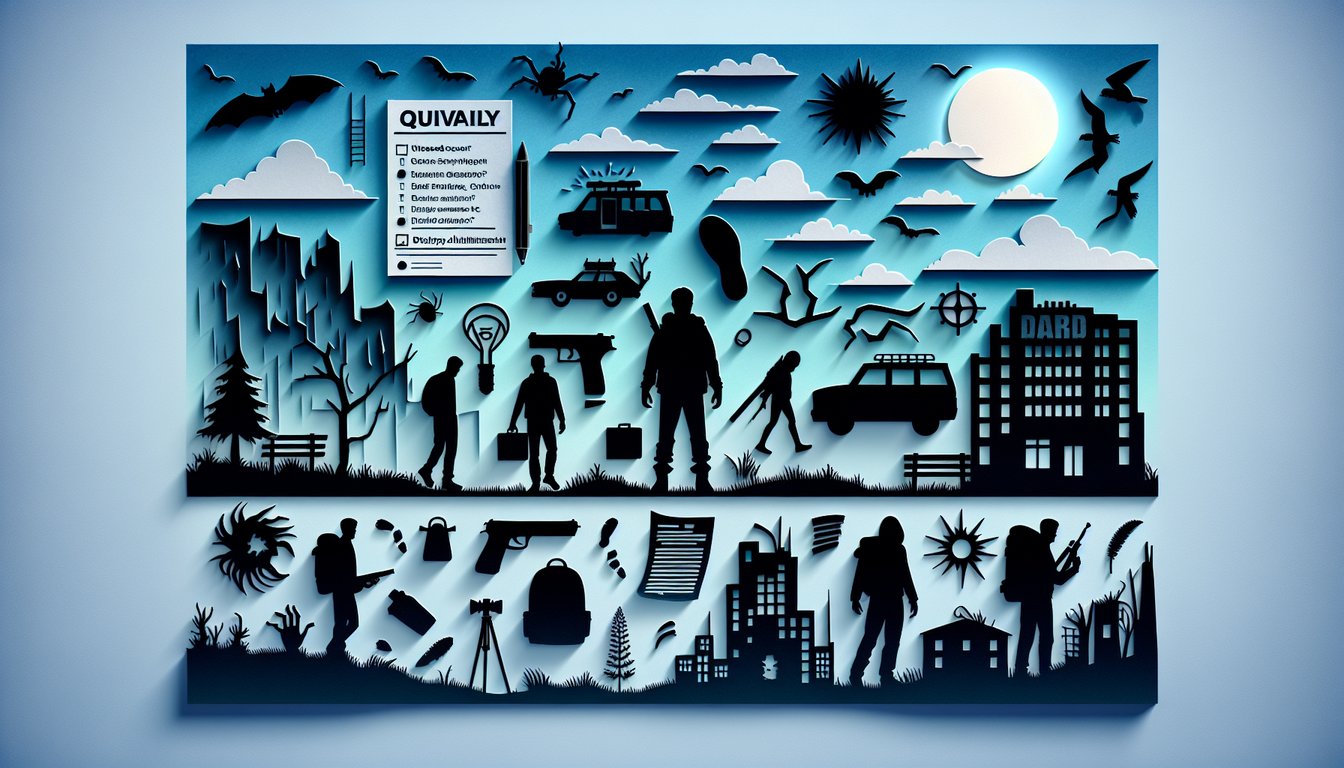 Paper art illustration of zombies virus icon and crosshairs on sky blue background for Resident Evil character quiz.