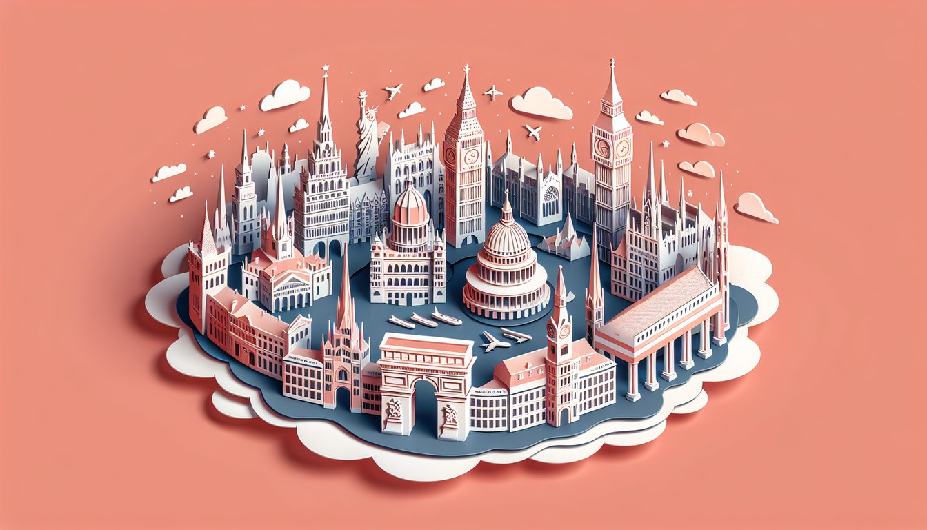 Paper art illustration of Europes map with capital city markers and quiz title on coral background