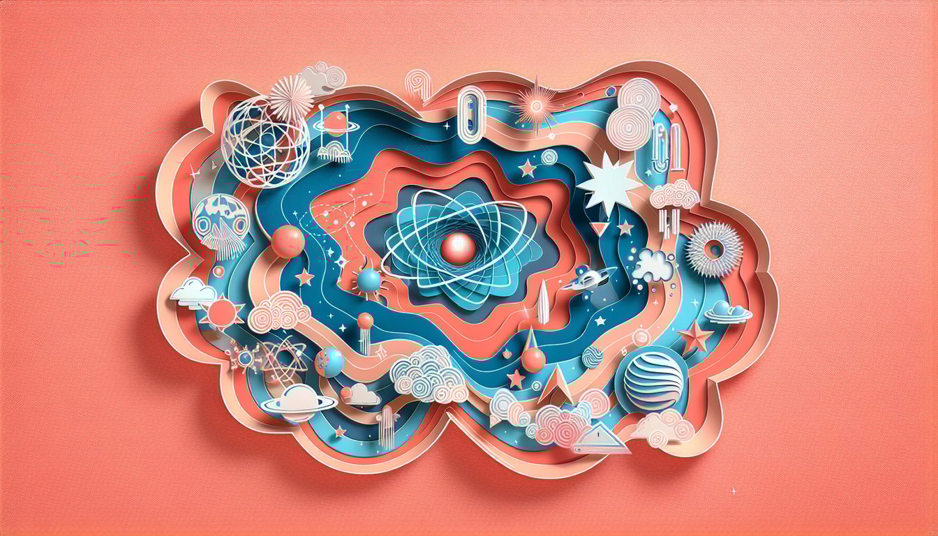 Paper cutout style cosmos scene with stars planets and cosmic burst on coral backdrop for a Big Bang quiz