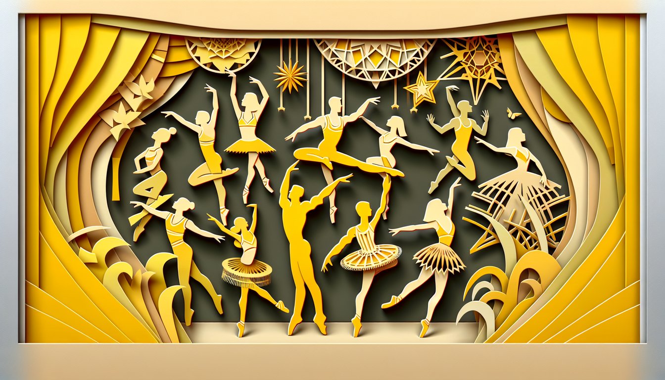 Paper cut dancers and musical notes on golden yellow background for a quiz revealing your dance style and personality