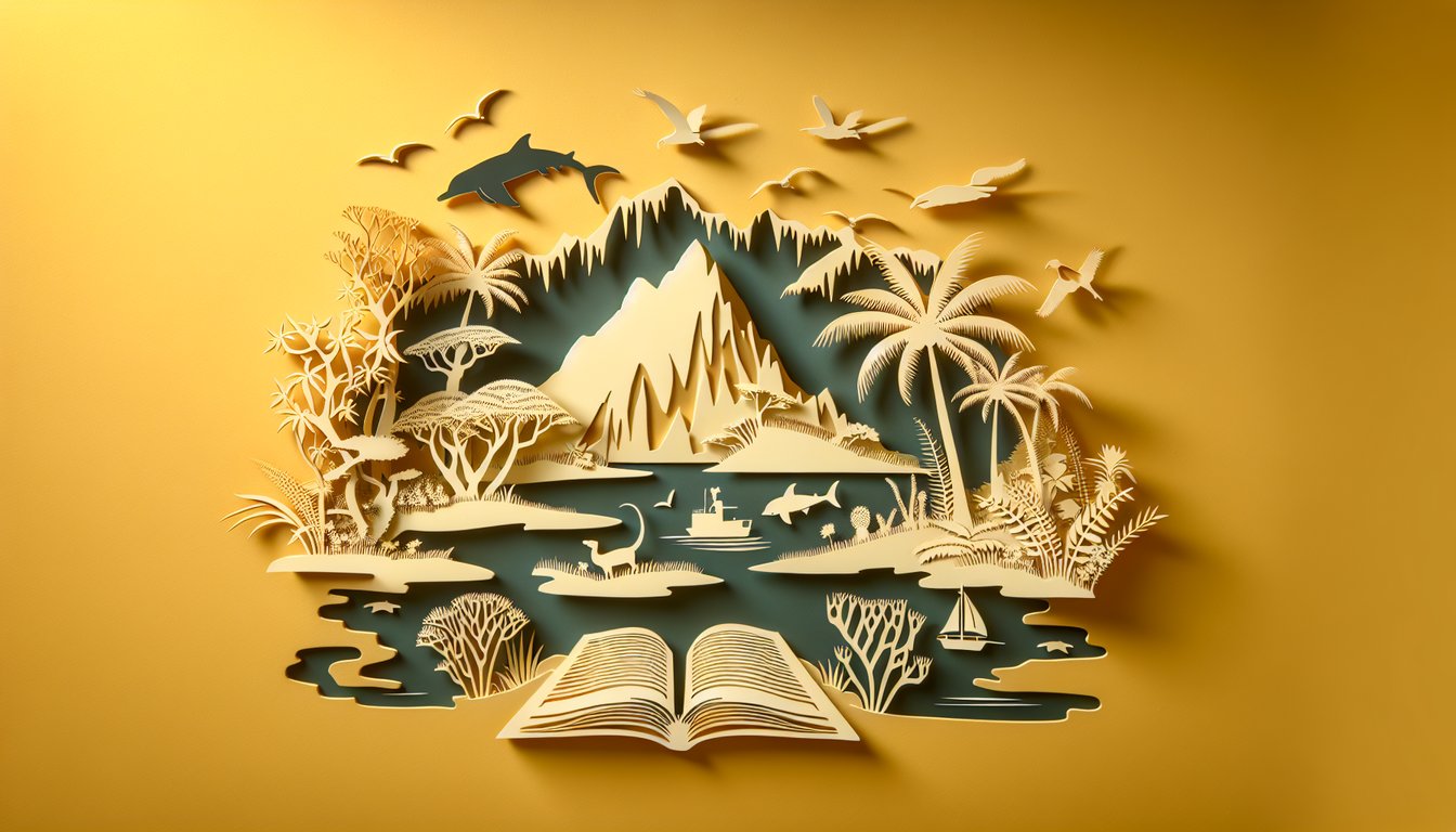 Paper art scene with stylized devilfish and island silhouette above open book pages on a golden yellow background for quiz