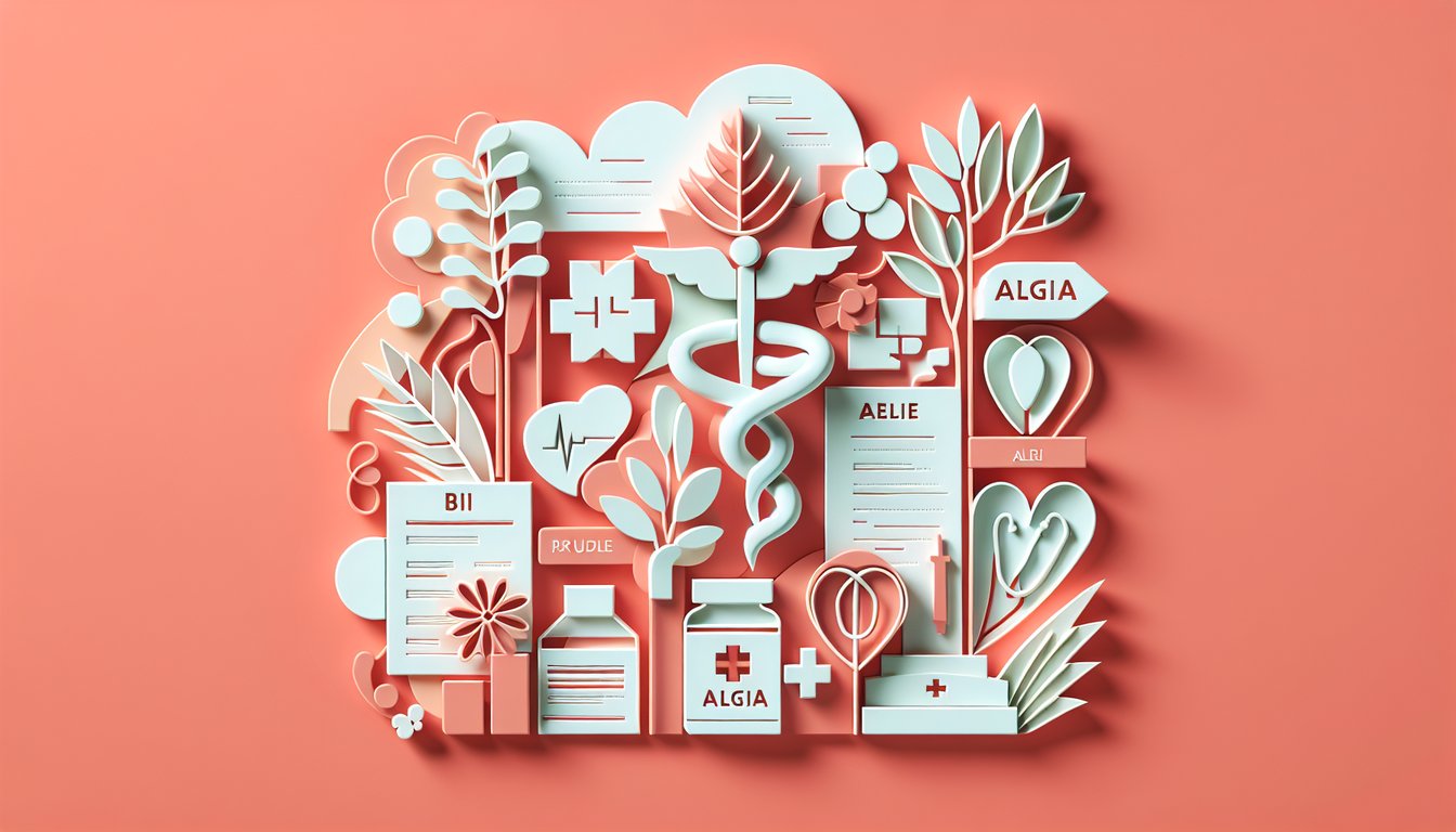 paper art illustration of quiz on medical prefixes and suffixes challenging bi affix and algia terms on coral background