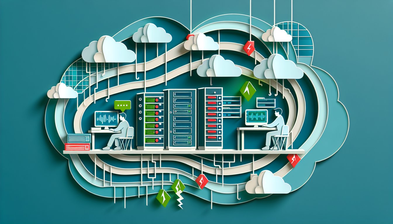 Paper art style servers routers cables computers and question mark on teal background for basic network quiz