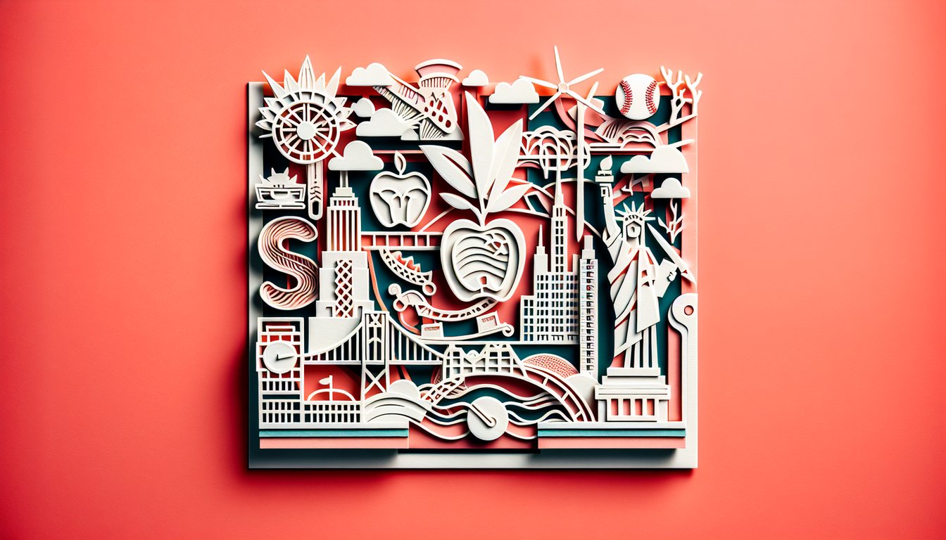 Paper art collage of New York icons Statue of Liberty Empire State Building bridges and state map on coral background