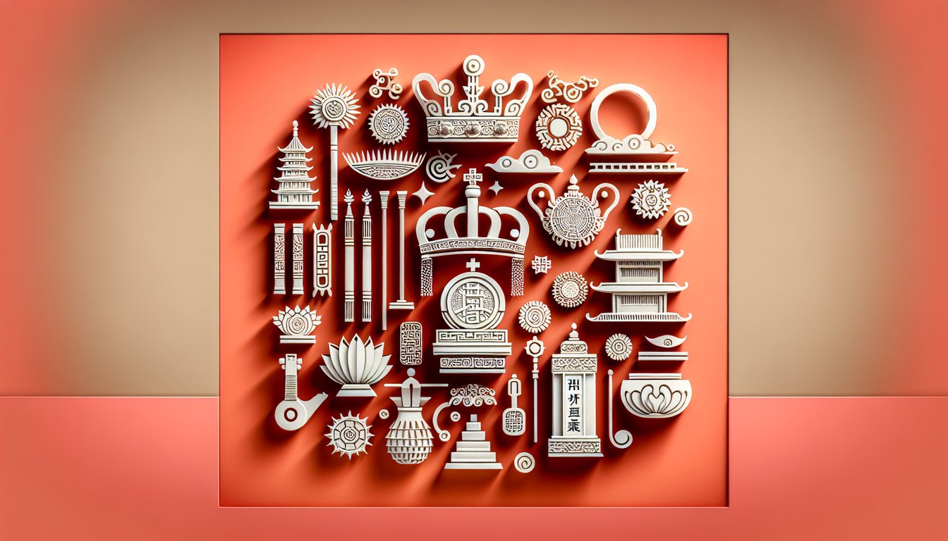 Paper art quiz scene on coral background with oracle bones, bronze vessel, stylized rulers, ritual symbols, Shang Dynasty