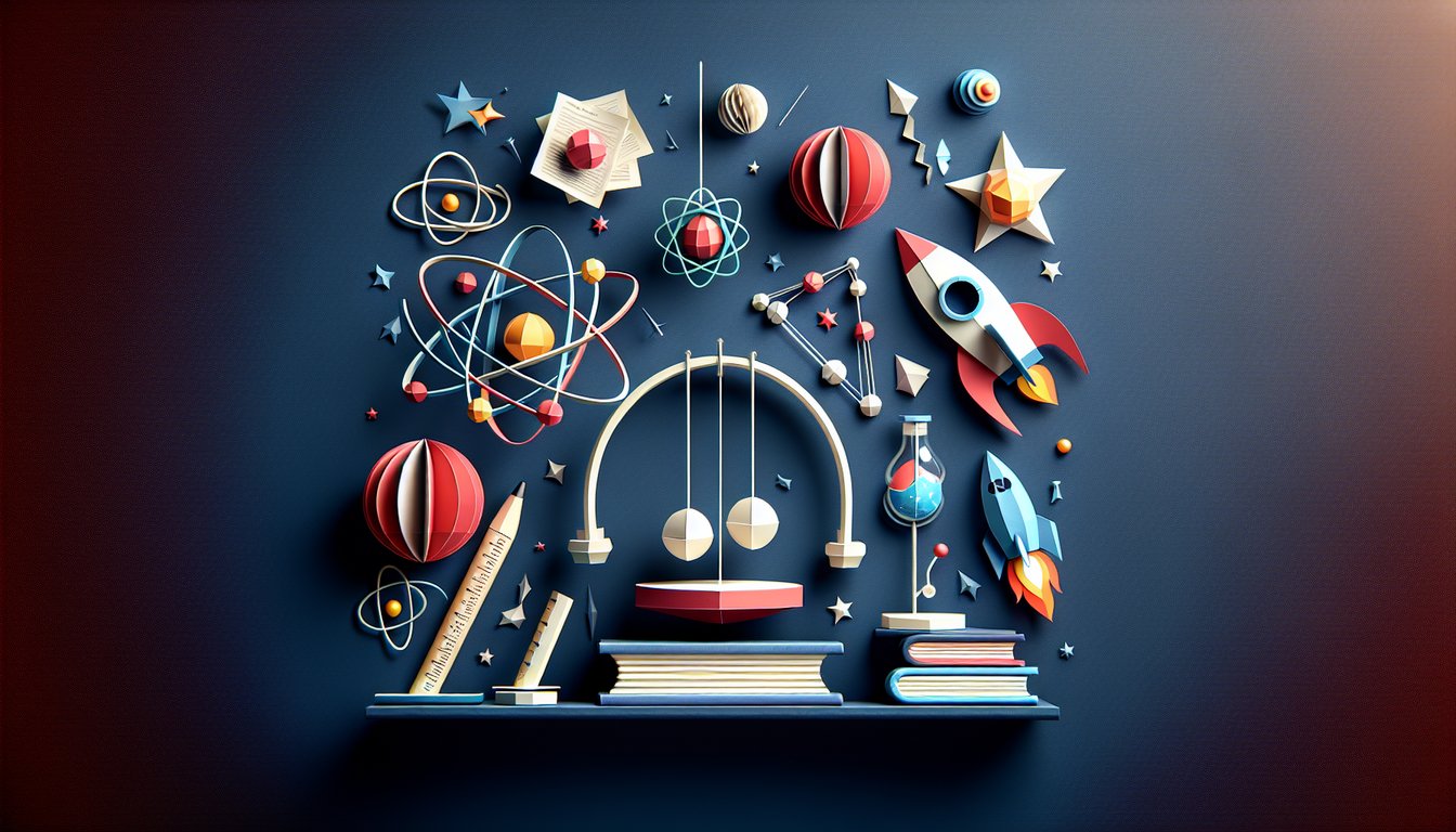 Colorful paper art promoting Physics Power-Up, a high school level physics quiz game.