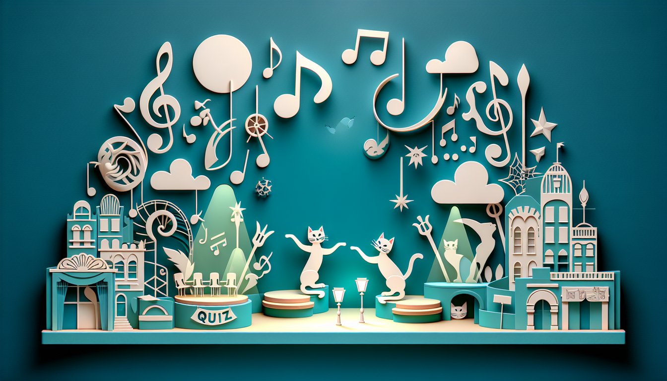 Paper art illustration for Cats Musical DVD quiz on teal background