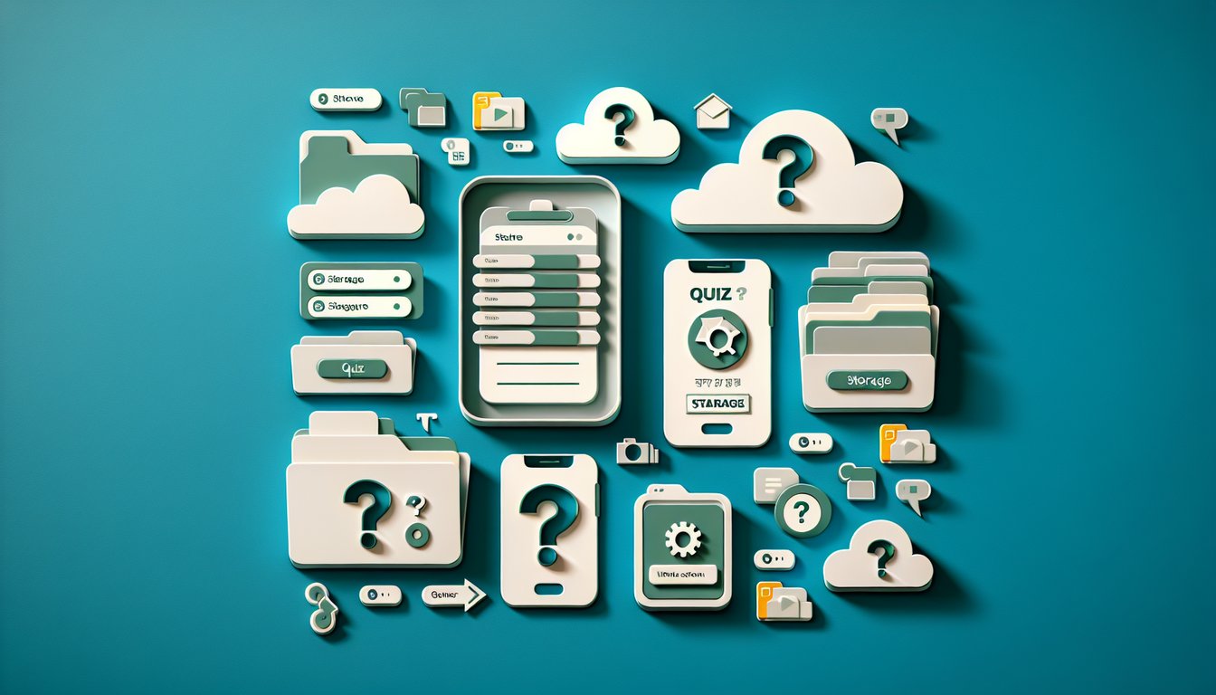 Paper art smartphone floating above storage icons with quiz call to test storage savvy on teal background
