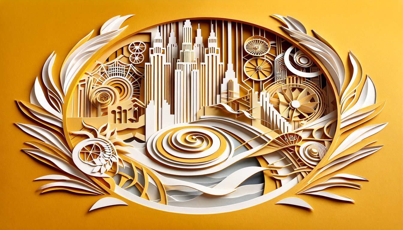 Paper art illustration of an open book stylized with Gatsby chapter 8 quiz elements on golden yellow background.