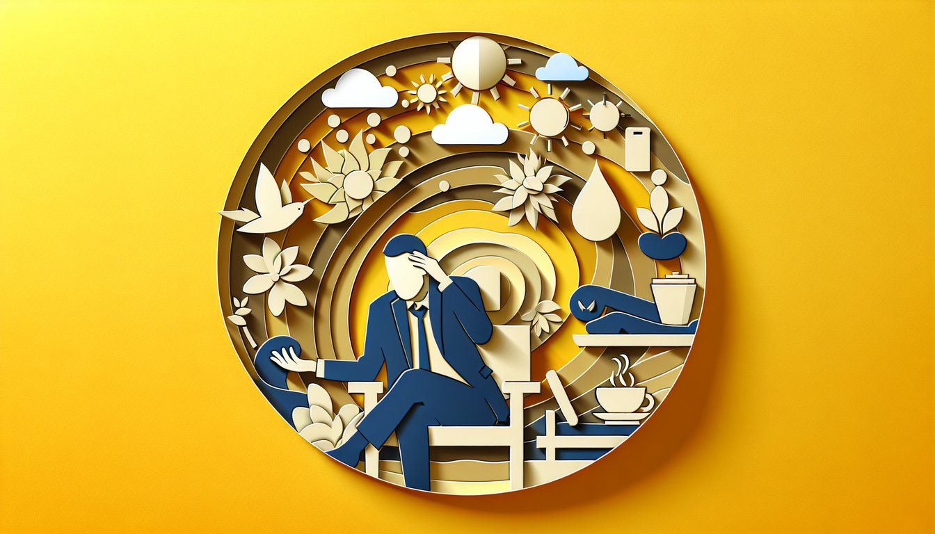 paper art quiz How Stressed Am I uncover stress level offering personalized relaxation tips on golden yellow background