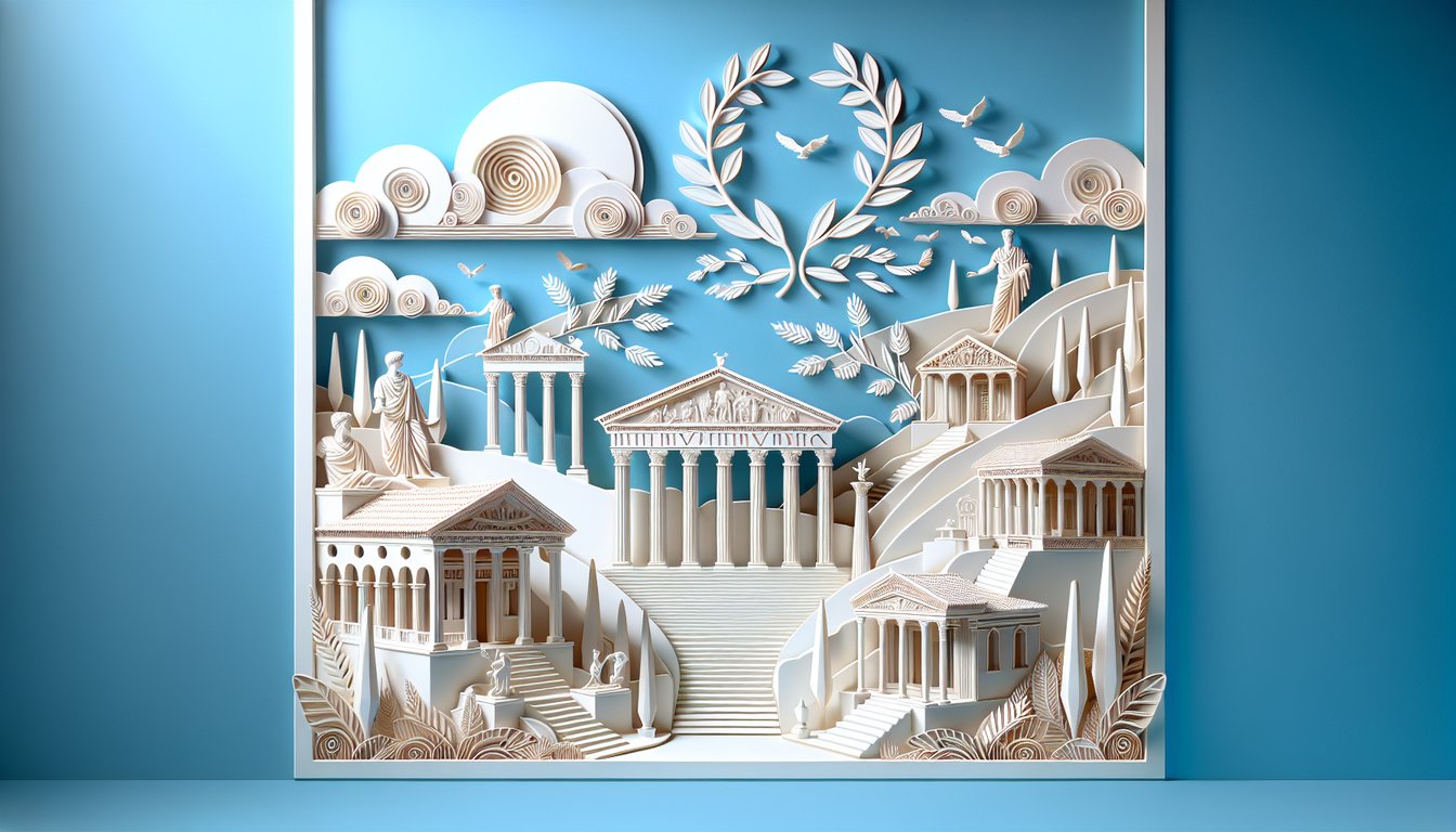 Paper art featuring Roman patricians on sky blue background for Roman Republic quiz on landowners and Republic concepts