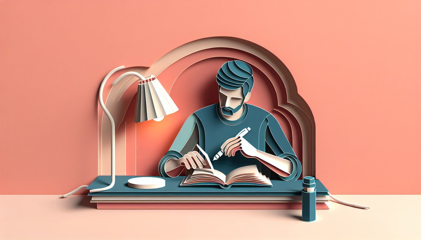 coral background paper art collage of Khaled Hosseini face profile open book and biography quiz text banner