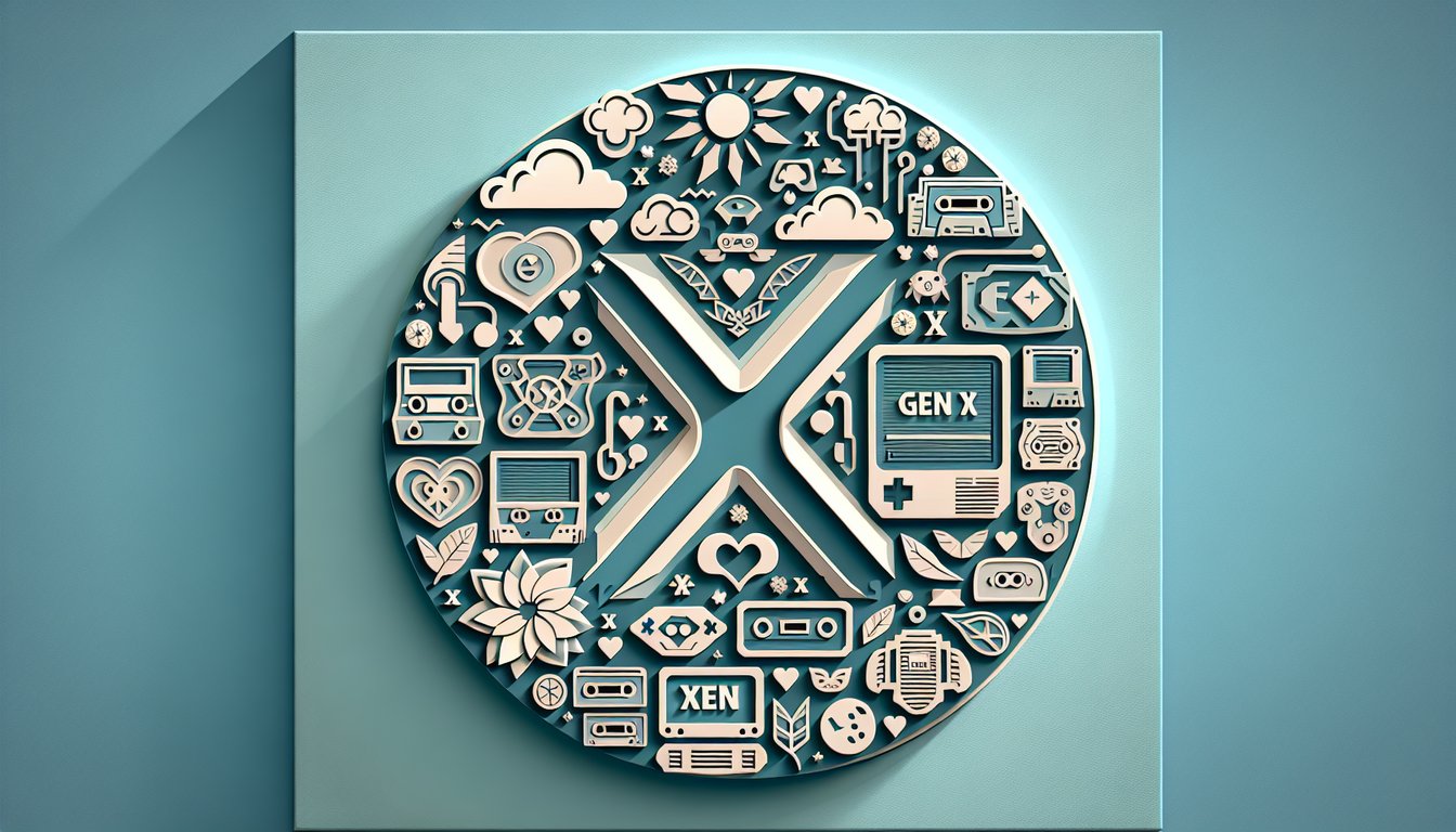 Paper art illustration of cassette tape, arcade joystick and floppy disk on teal background for Gen X trivia quiz