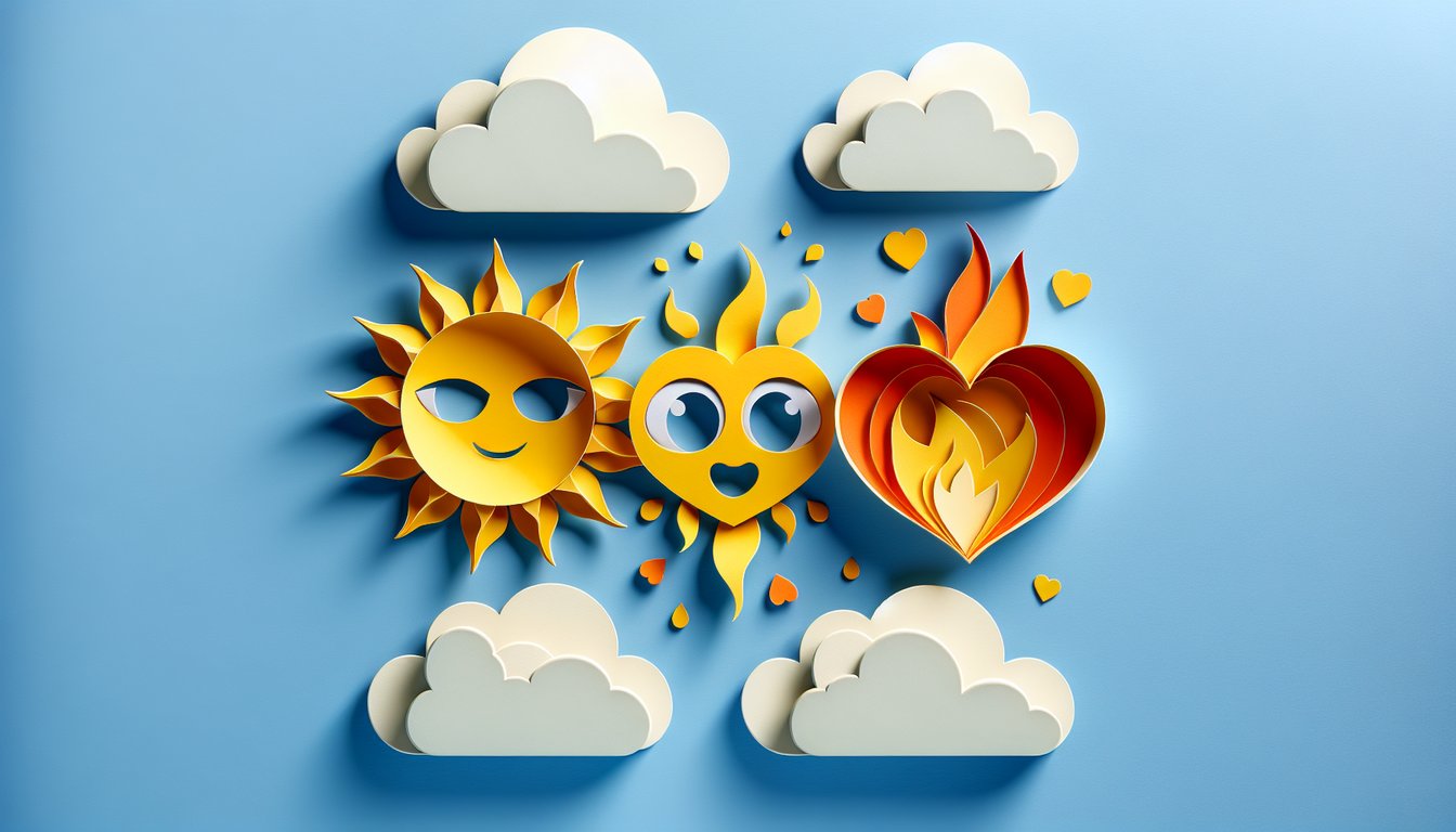 paper art illustration depicting joy curiosity and passion shapes for human emotion quiz on sky blue background