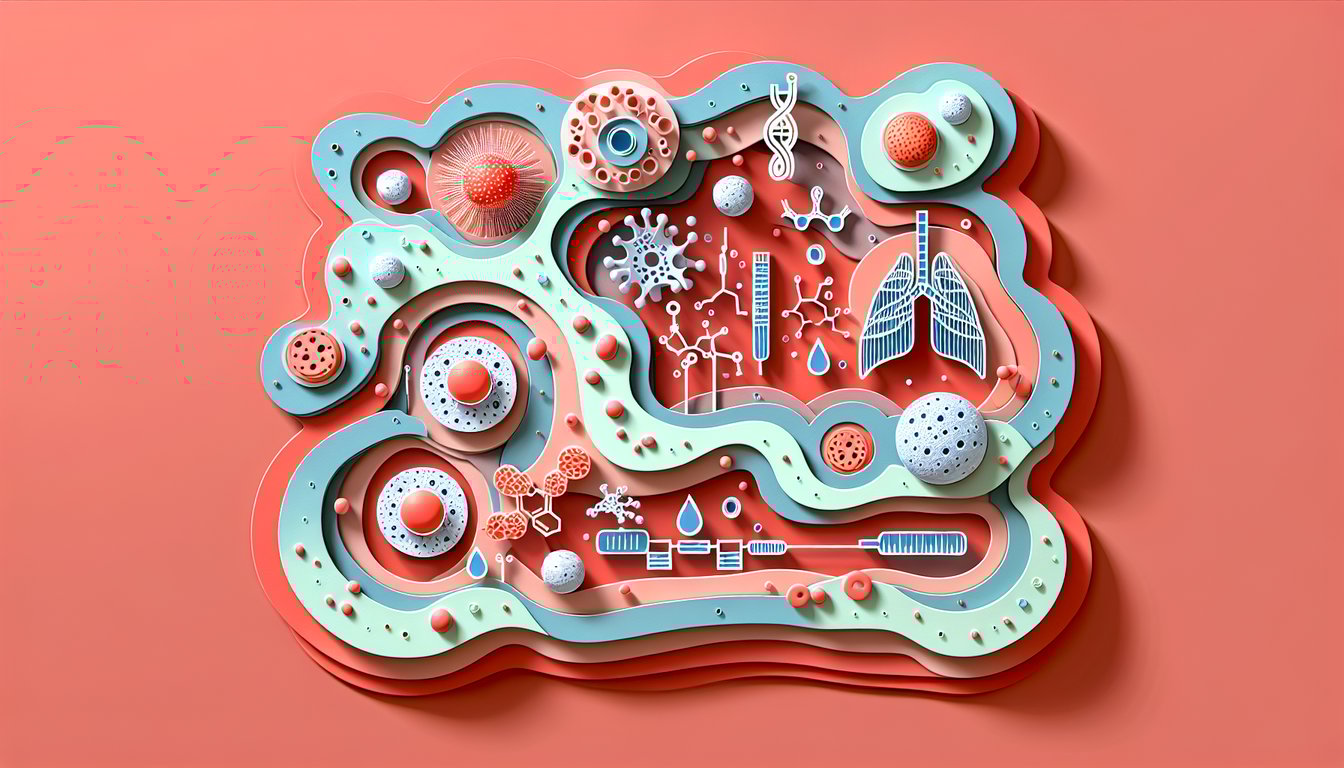 paper art stylized lungs cells mitochondria gas exchange icons quiz title on coral background.