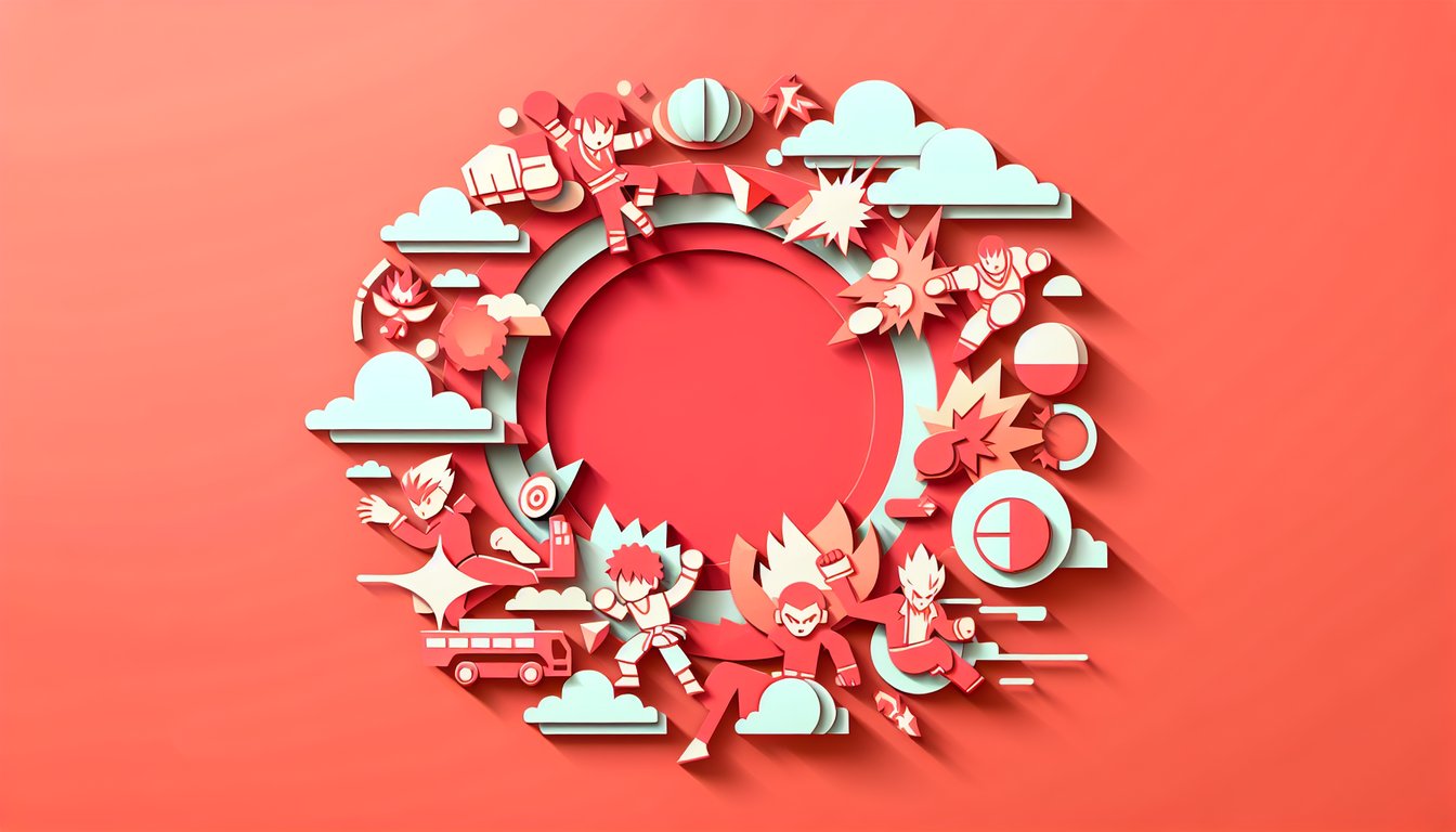 Paper art illustration of stylized fighters on coral background for quiz to find your Tekken 6 BR main