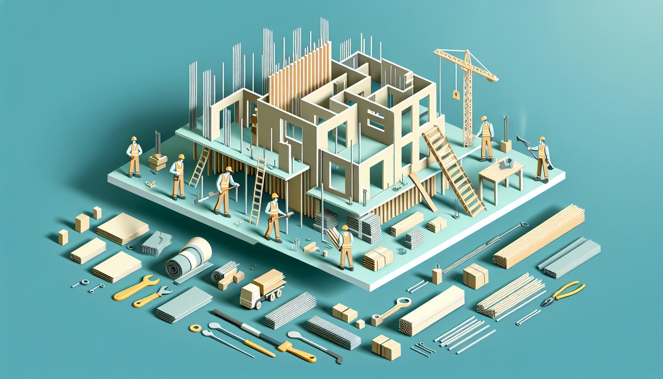 Teal background with paper cut shapes depicting construction tools quiz theme testing knowledge of vernacular terms