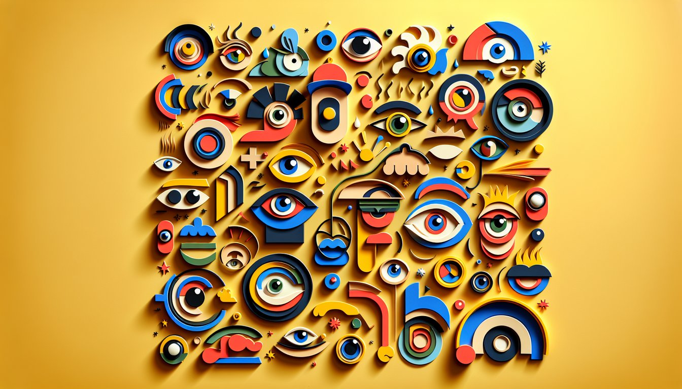Paper art style cartoon figures appear around quiz cards on a golden yellow background