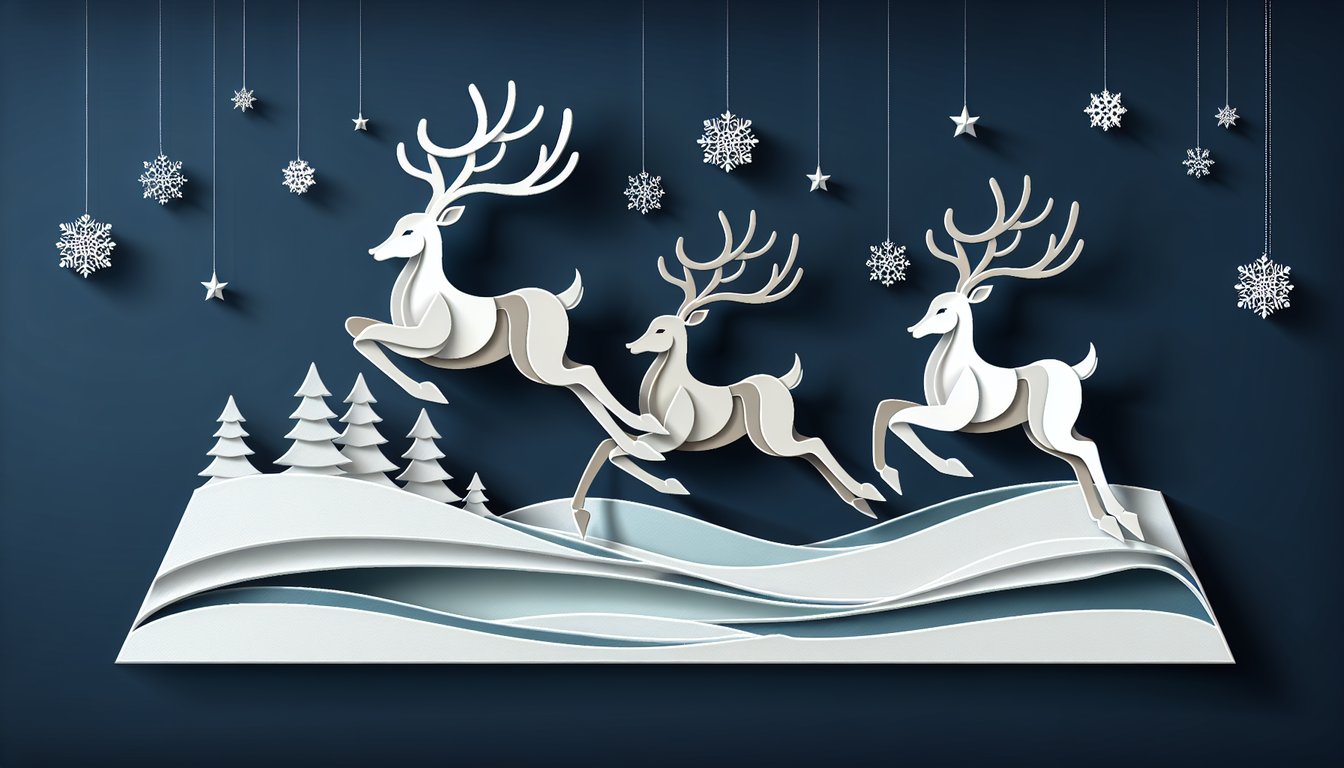Paper art illustration for quiz determining which Santas reindeer you are on a dark blue background