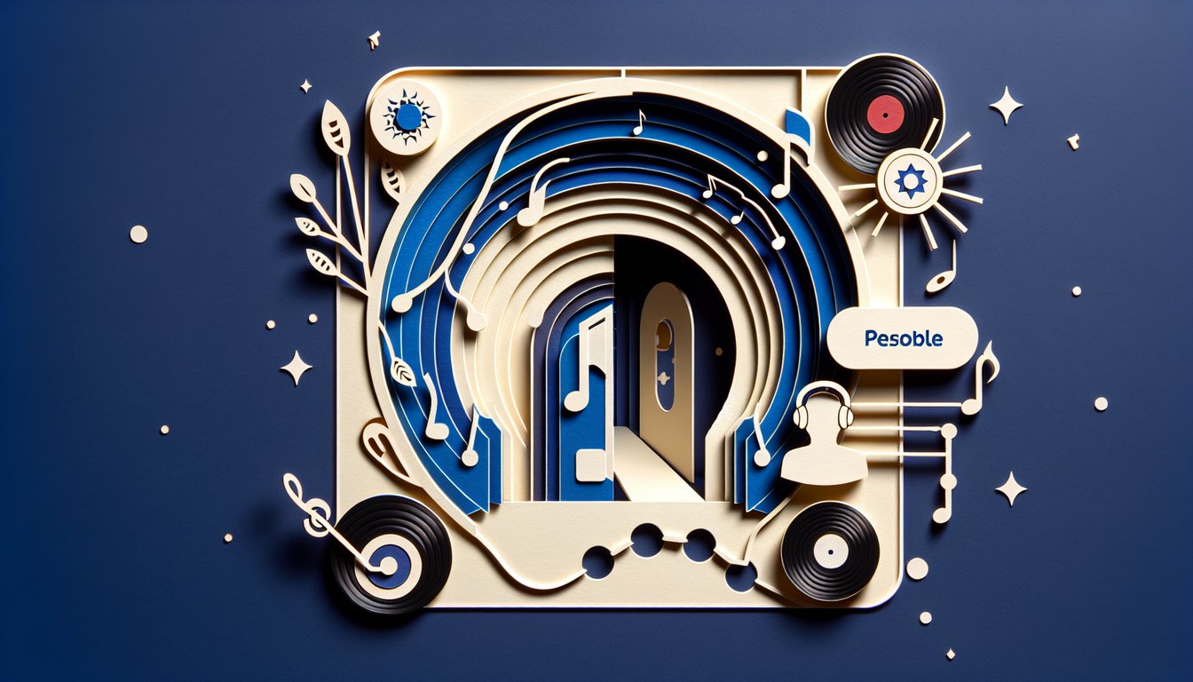 Paper art illustration of a personality quiz with cutout BIGBANG letters, musical notes, headphones on dark blue background.