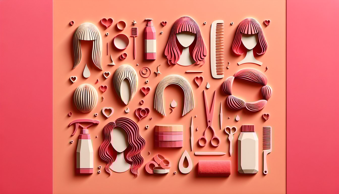 paper art illustration of diverse hair styles and quiz symbols on coral background