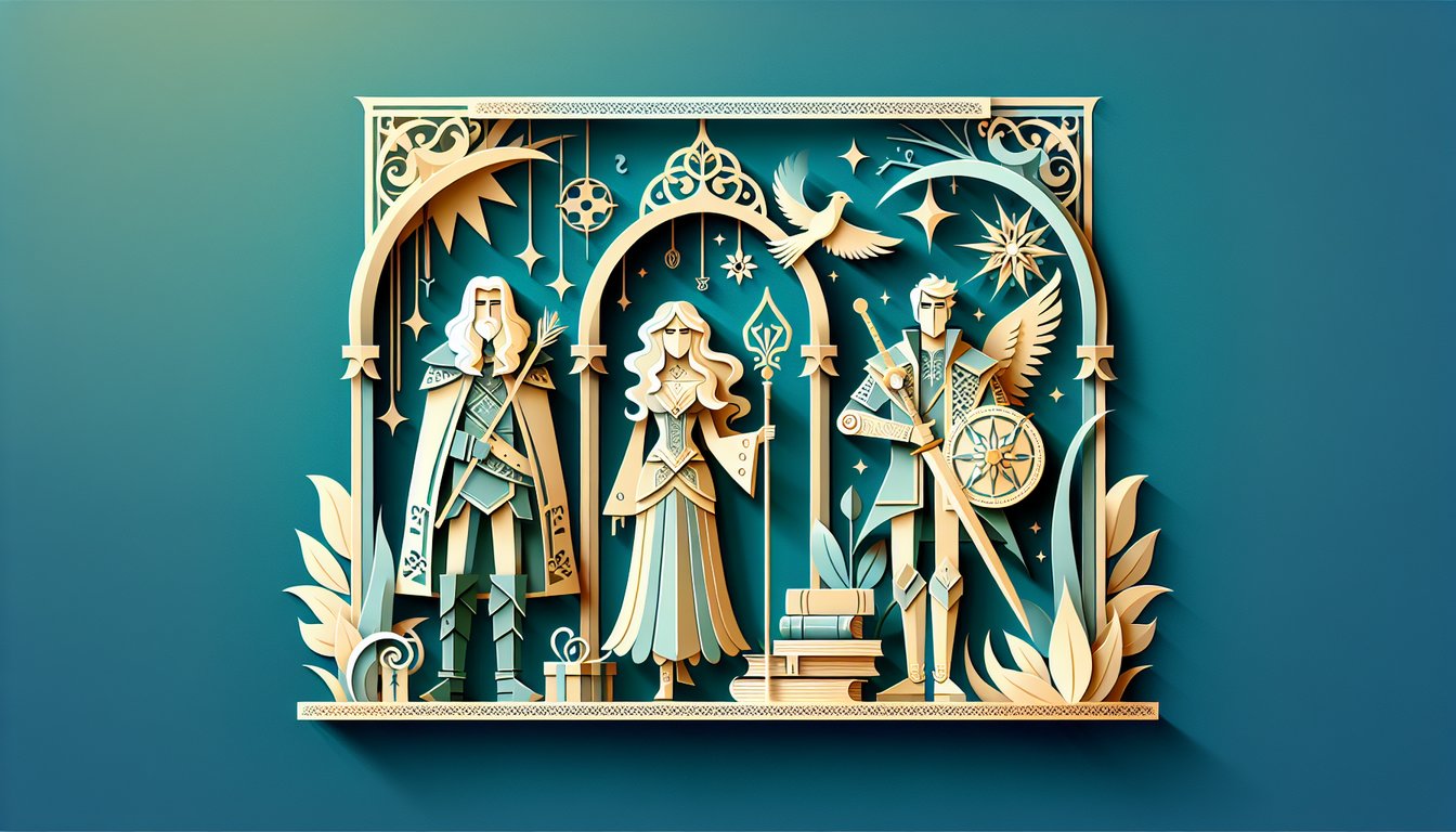 Paper art illustration for Vox Machina personality quiz on a teal background.