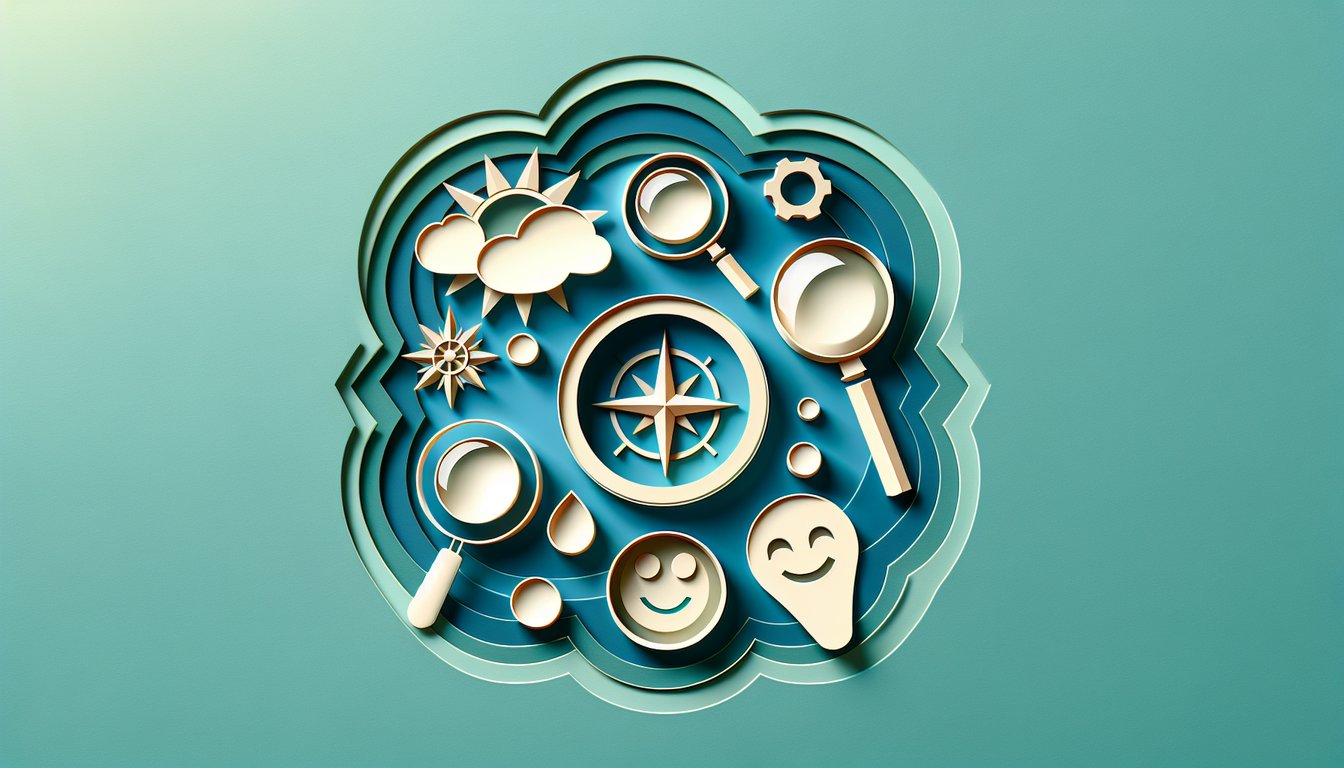 Paper art illustration for life direction quiz on a teal background