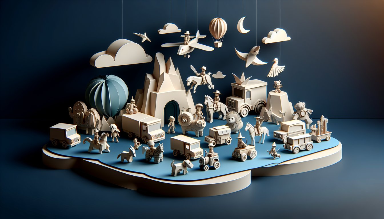 Paper art illustration of Woody Buzz and friends on dark blue background with Toy Story quiz challenge
