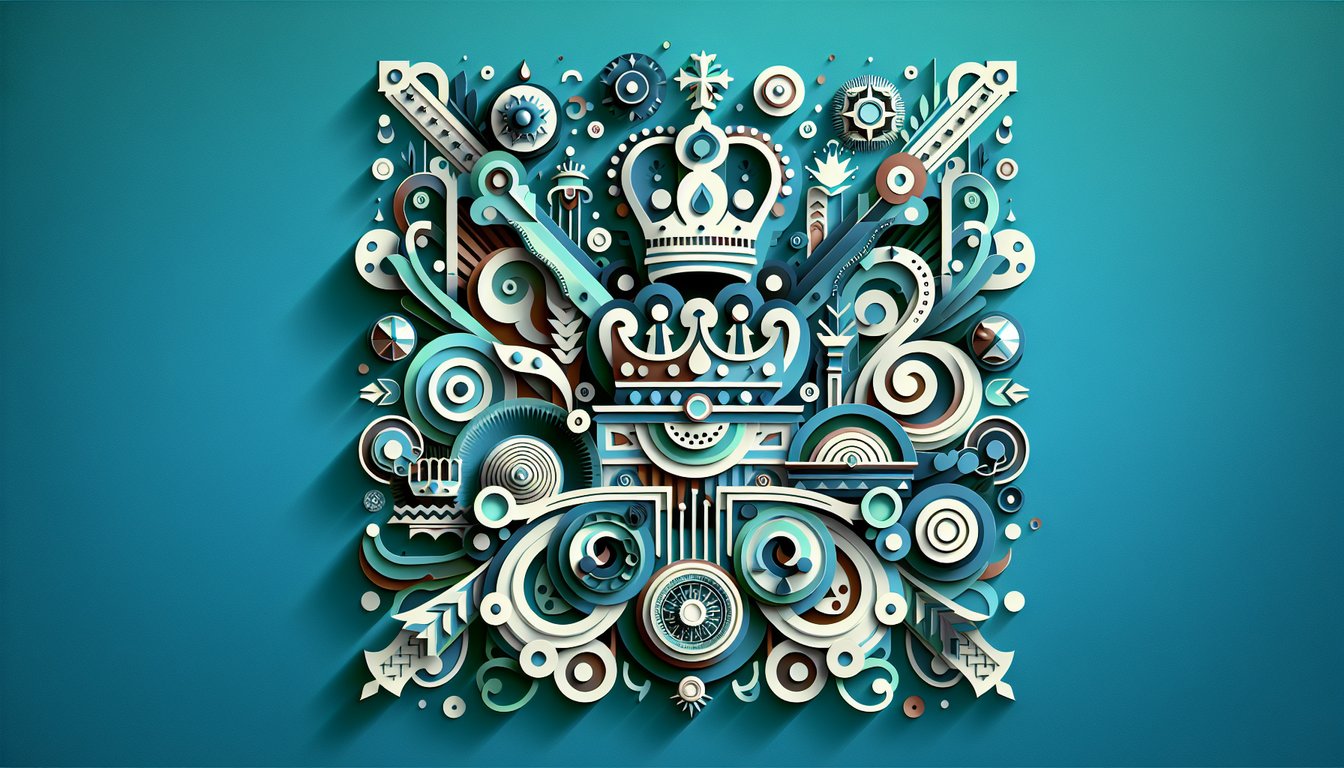 Teal backdrop layered paper art emperor silhouettes crowns scepters scrolls inviting a Barian Emperor ruler persona quiz