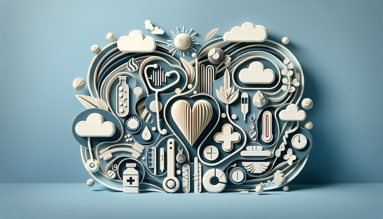Paper art stethoscope heart thermometer pill icons on sky blue background for signs and symptoms quiz