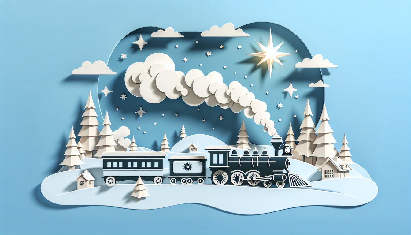 Paper art train steaming across snowy hills on sky blue backdrop with text inviting test of Polar Express trivia knowledge