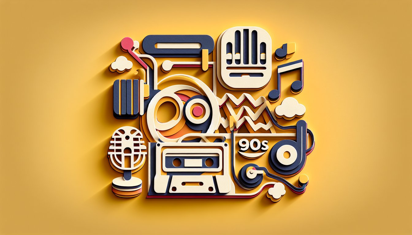 Paper art illustration for 90s song lyrics quiz on a golden yellow background