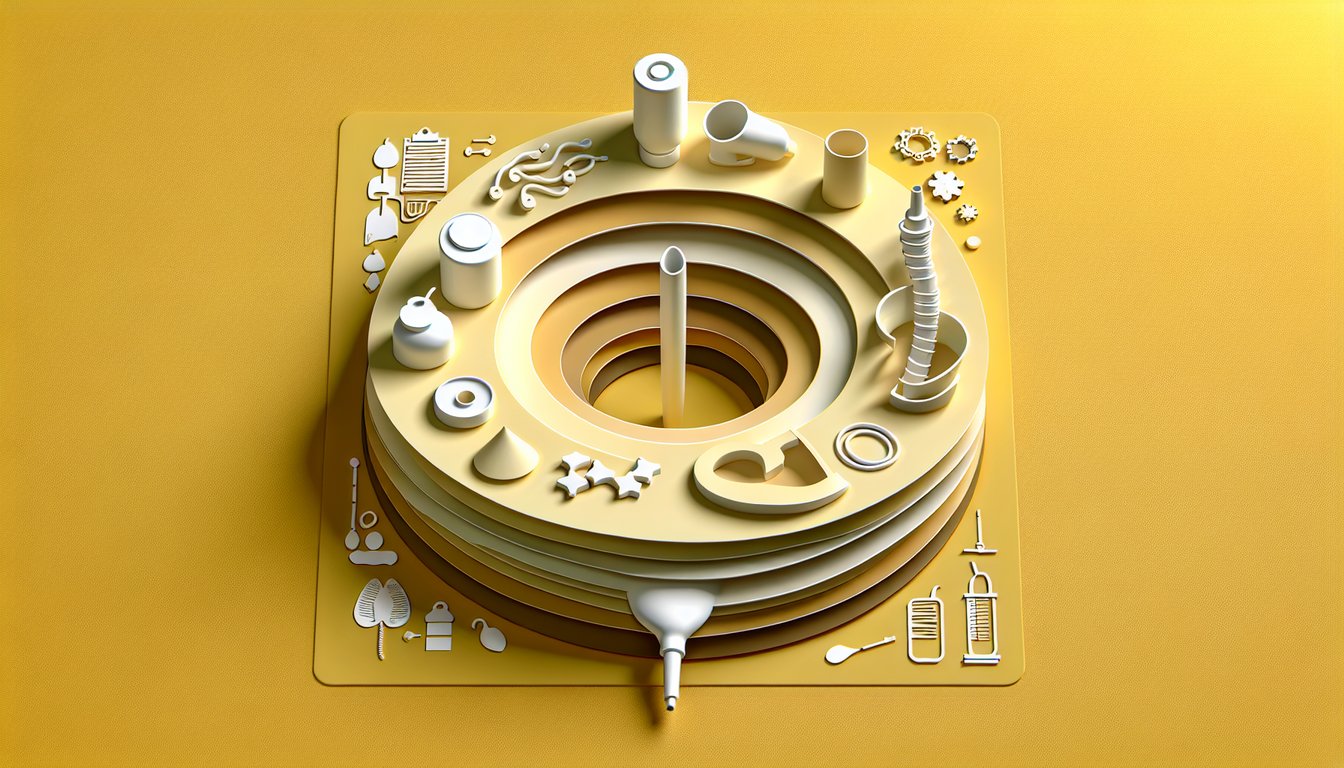 Paper art illustration showing colostomy quiz theme with irrigation facts test elements on golden yellow background.