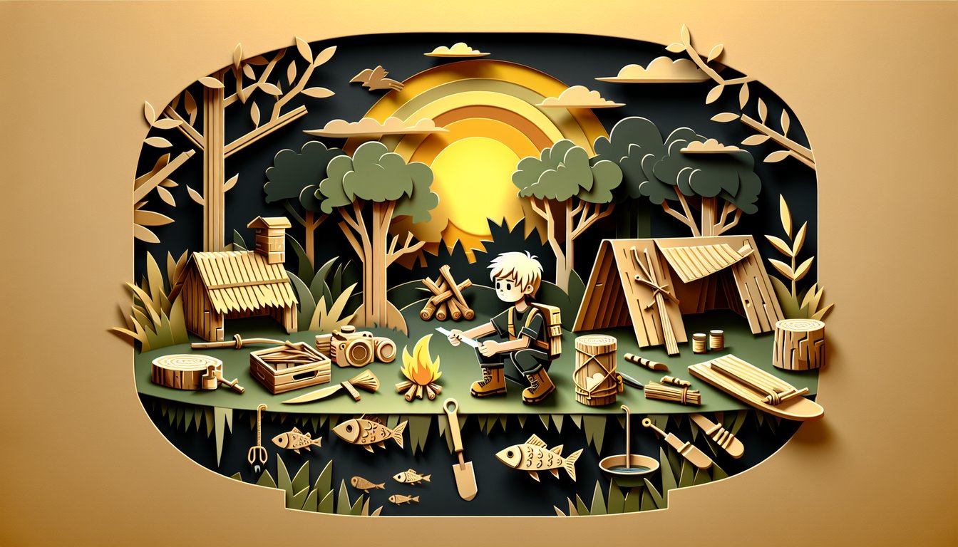 Paper art quiz banner showing chapters 17-18 themes Brian survival tactics plot twists on golden yellow background