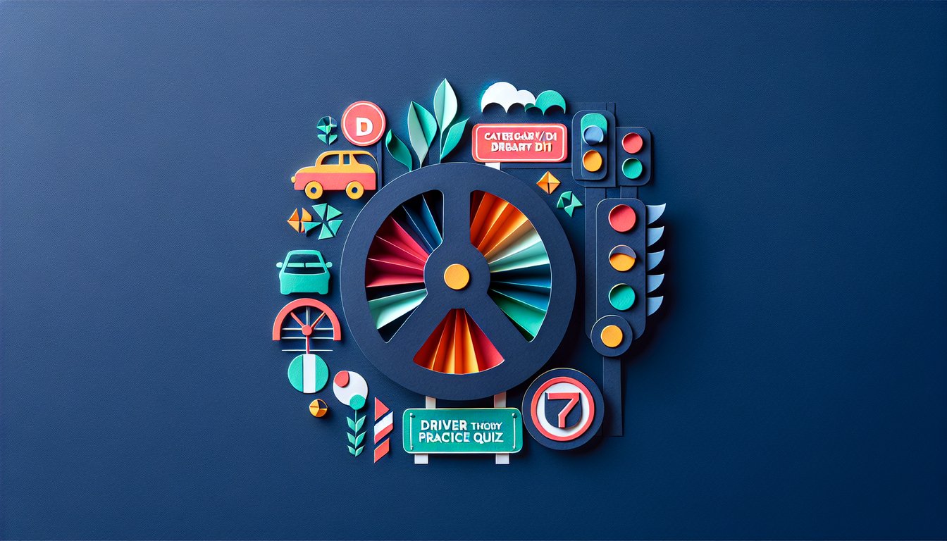 Colorful paper art illustrating a Category DD1 Driver Theory Practice Quiz