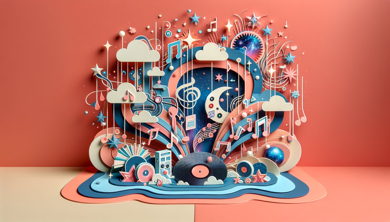 Paper cut illustration of zodiac symbols and Taylor Swift album covers on coral background for rising sign quiz
